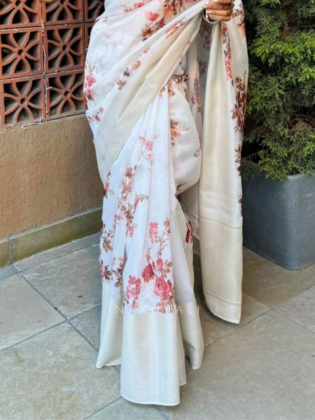 Upvan Cream Floral Printed Saree