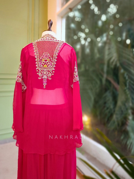 Ruhani Red Crop Top Skirt Set with Embroidered Shrug
