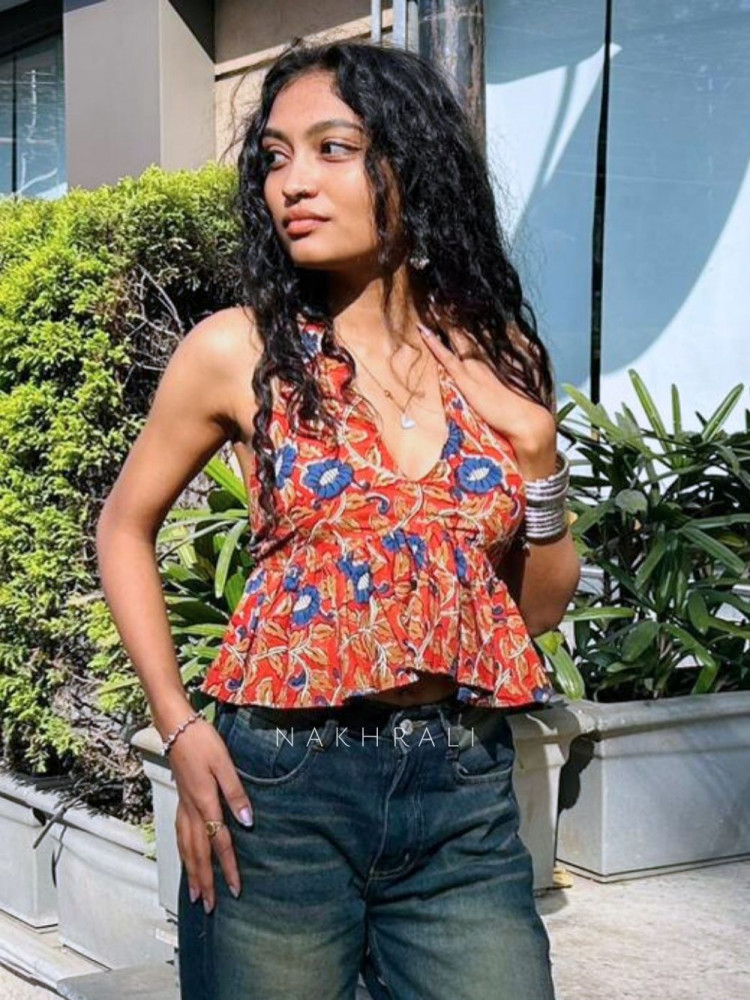 Image of Roselle Frill Red Printed Crop Top