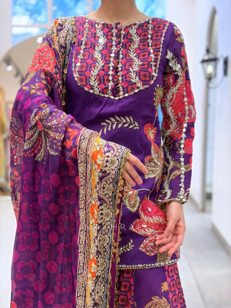 Guzarish Purple Silk Sharara Suit Set with Floral Zardozi & Mirror Work