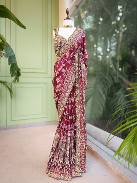 Velora Wine Saree with Zari and Mirror Work