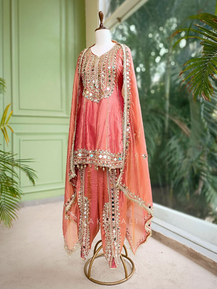 Image of Amaya Peach Tissue Dhoti Kurta Set with Mirror and Gota Patti Work