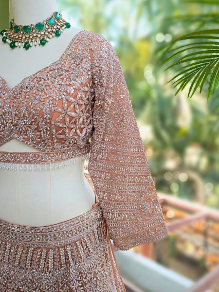Kireva Peach Sequin Beaded Bridal Lehenga Set