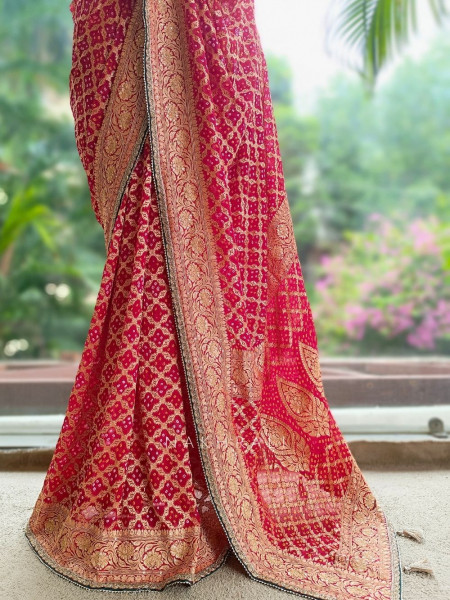 Trishna Red Georgette Silk Blend Saree With Bandhani & Banarasi Zari Work