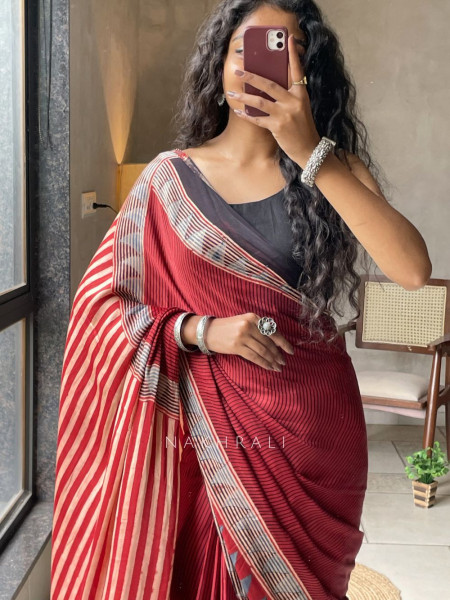 Dhani Red Modal Silk Saree With Ajrakh Print