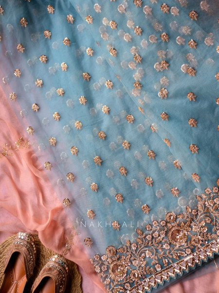 Orchids Blue Net Saree with Sequin, Cut Dana & Beads Work