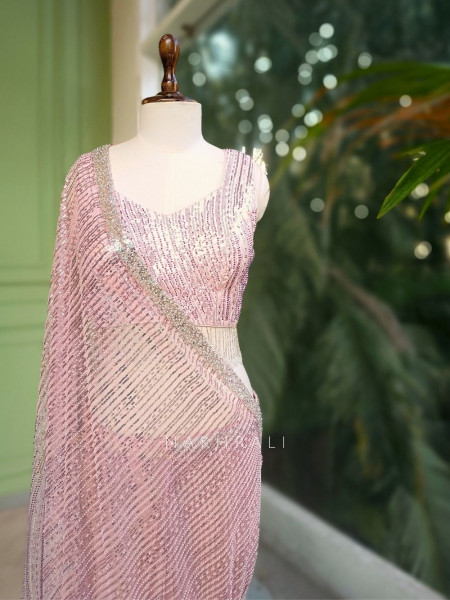 Viora Pink Drape Saree with Sequin Fringe Work