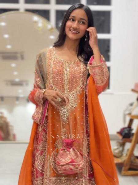 Falak Tissue Silk Heritage Orange  Suit Set
