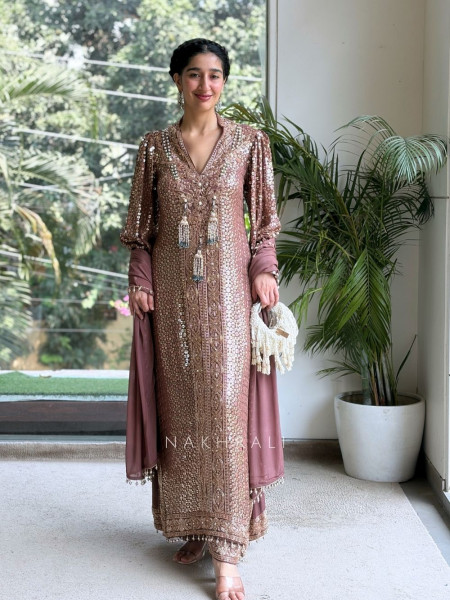 Rosmira Dusty Brown Mauve Silk Crepe Suit Set