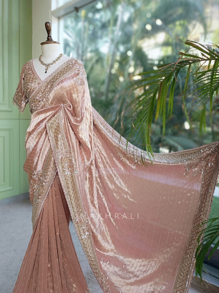 Serenique Peach Shimmer Silk Blend Saree
