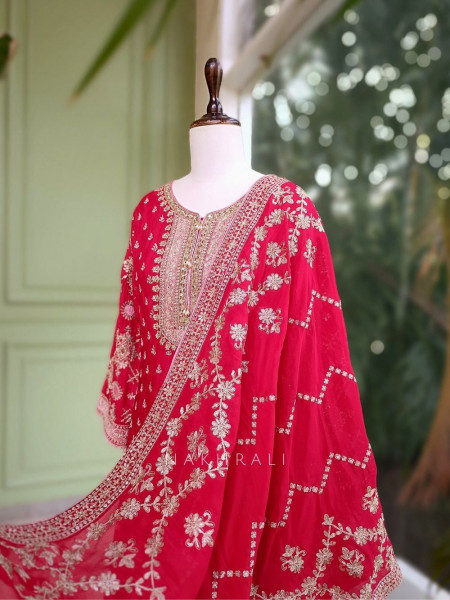 Aarvi Red Anarkali Suit Set with Zari Embroidery and Embellished Dupatta