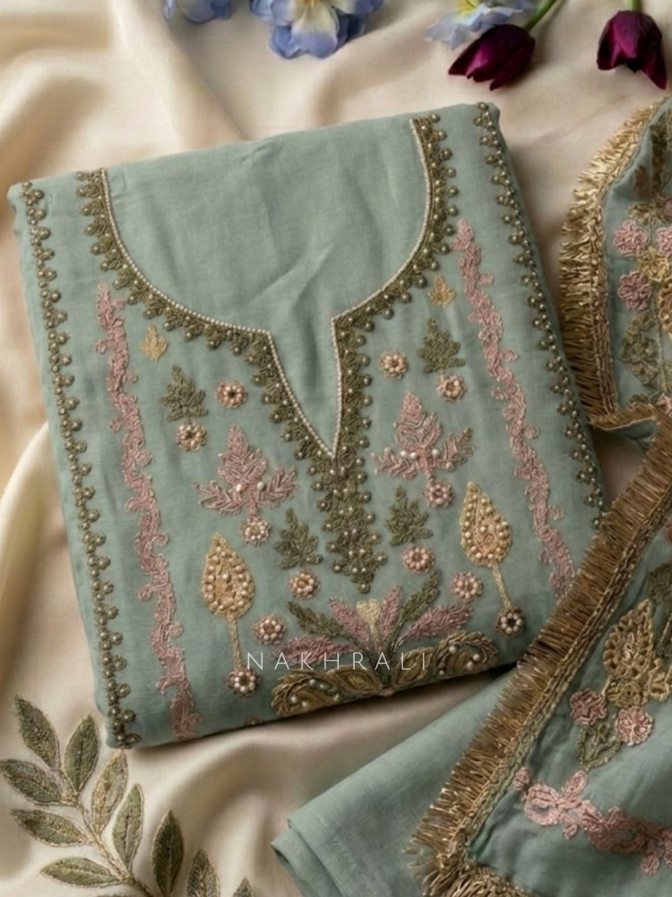 Image of Pushpavalli Sea Green Dress Material With Floral Embroidery and Pearl Detail