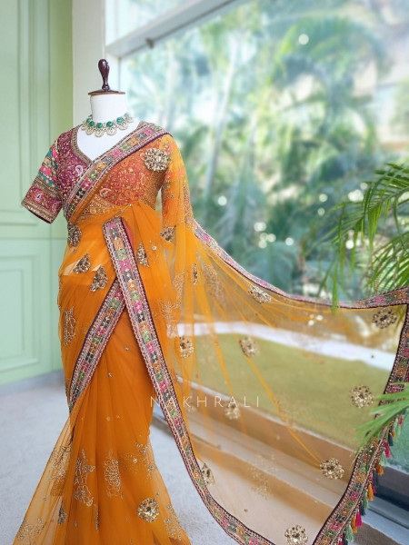 Orange Net Saree with Embroidered Blouse