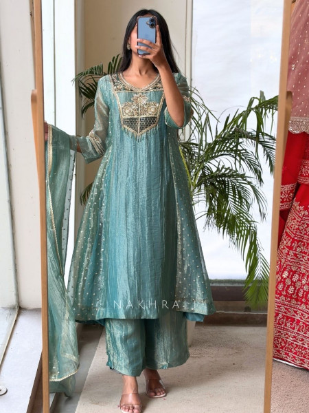 Meadow Mint Sea Green Metallic Anarkali Suit Set