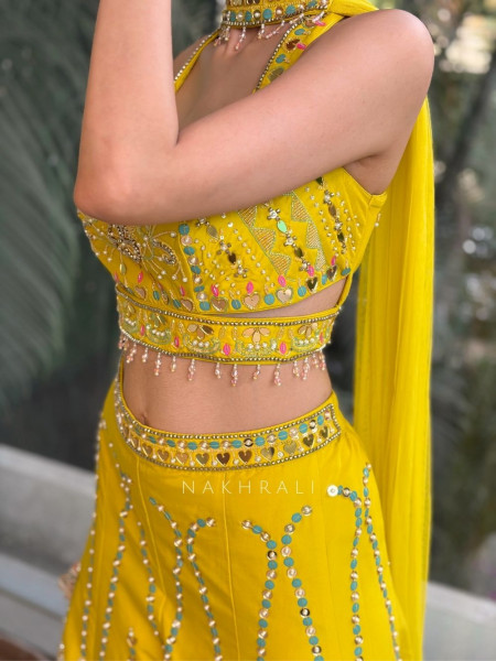 Rosefire Yellow Embellished Crop Top Palazzo Set