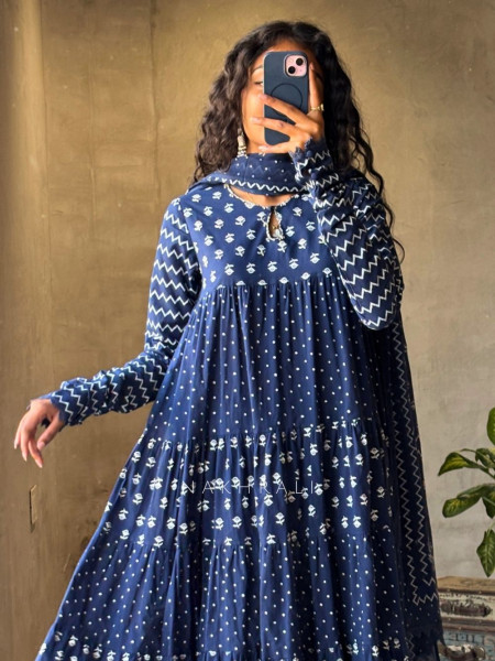 Mireya Blue Cotton Anarkali Suit Set with Printed Design
