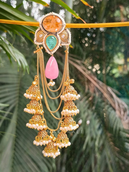 Divya Peach Multi-Stone Dangler Earrings with Pearl Jhumkis
