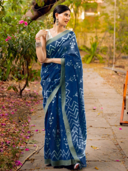 Aabheri Bloom Blue Chanderi Saree with Batik Print