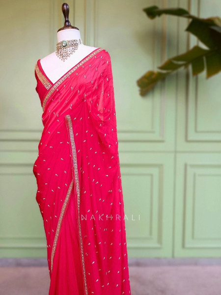 Sangini Red Saree Zari Butti Work