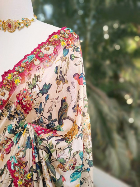 Maroon Crepe Silk Embroidered Saree with Readymade Blouse