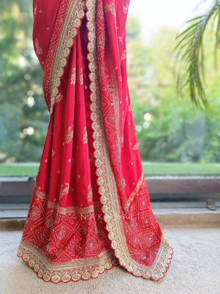 Surahi Red Pure Georgette Crepe Silk Bandhani Saree with Gota Patti Zardozi Border