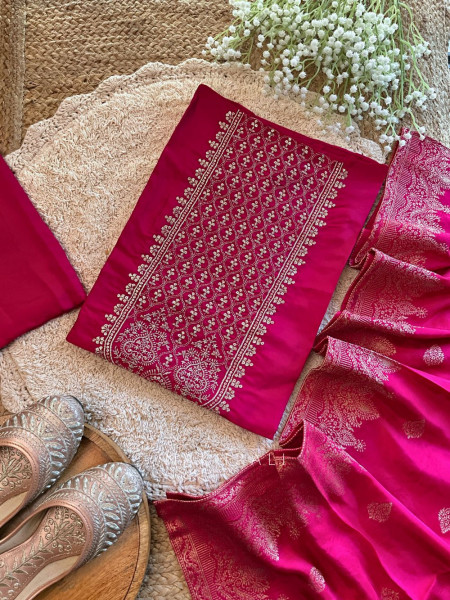 Meera Pink Silk Dress Material with Zari Embroidery