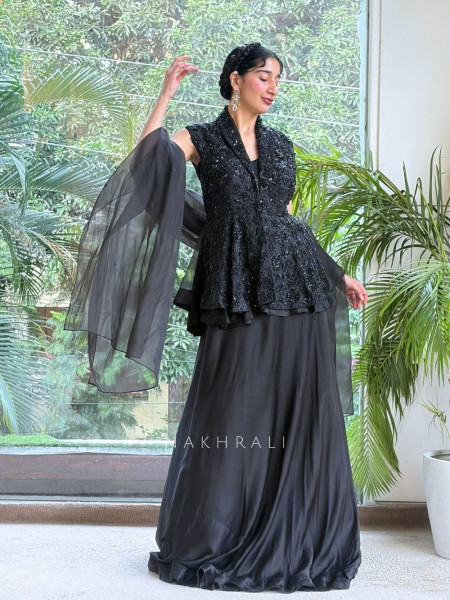 Nishika Black Georgette & Satin Silk Indo-Western Lehenga