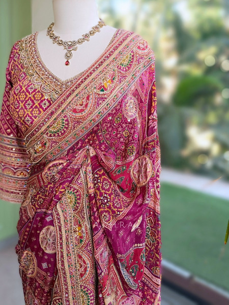 Guzel Wine Gajji Silk Saree with Mosaic Print