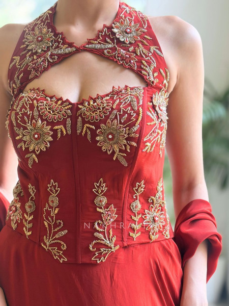 Scarlet Rust Raw Silk & Georgette Corset Lehenga Set
