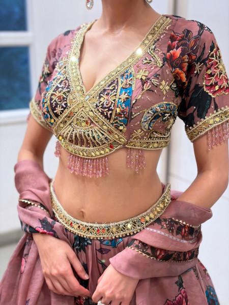 Kavyanjali Onion Pink Organza Silk Floral Printed Lehenga Set with Mirror, Gota & Crystal Bead Work
