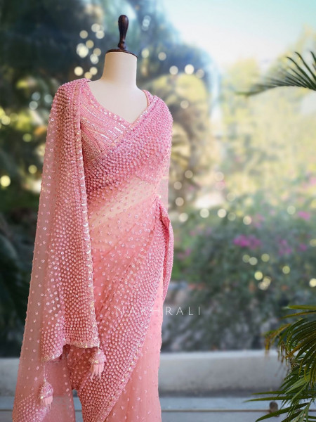 Chandelier Pink Net Saree with Sequin and Cut Dana Blouse