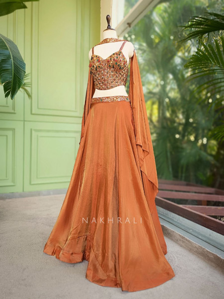 Ravaeya Rust Corset Indo-Western Lehenga Set with Sequin Work
