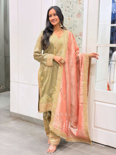 Zaynah Olive Green Suit Set with Zari Sequin Work