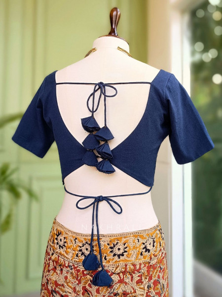 Rhea Blue Cotton V-Cut Blouse with Tie-Back