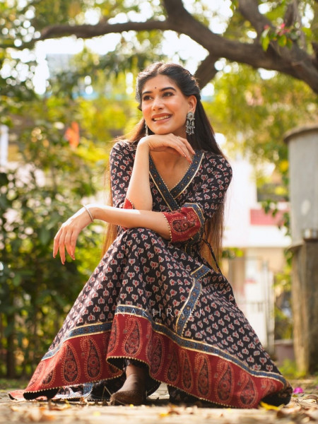 Mirza Black Angrakha Cotton Kurta Pant Set