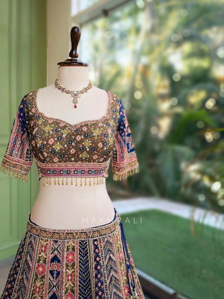 Malika Navy Blue & Green Modal Silk & Gaji Silk Lehenga