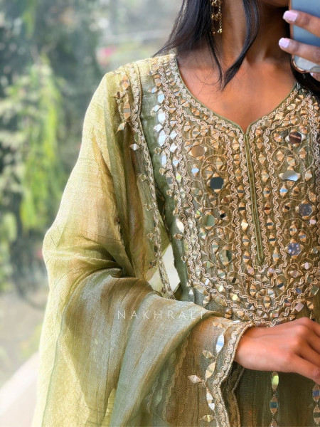 Evara Green Tissue Anarkali Suit Set with Mirror and Gota Work