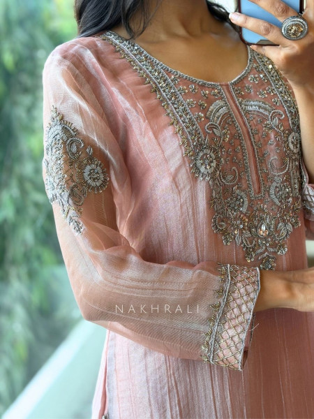 Mrinalini Onion Pink Tissue Silk Suit Set
