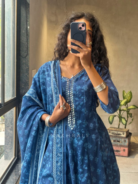 Ruhani Blue Cotton Anarkali Set with Dupatta