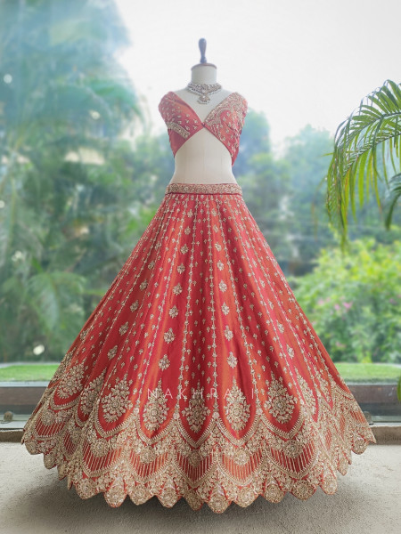 Mashoor Rust Raw Silk Unstitched Bridal Lehenga