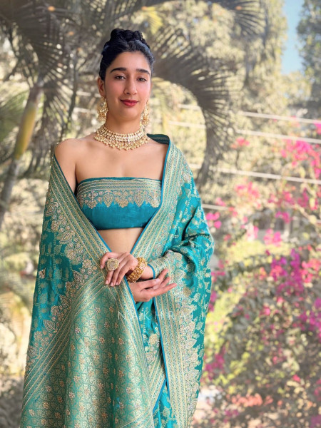 Aarvika Rama Green Banarasi Brocade Saree with Woven Motifs