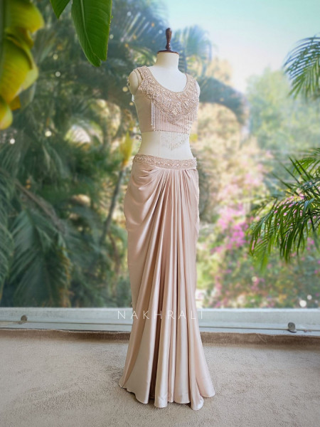 Vireza Ivory Crop Top Skirt Set with Bead and Sequin Work