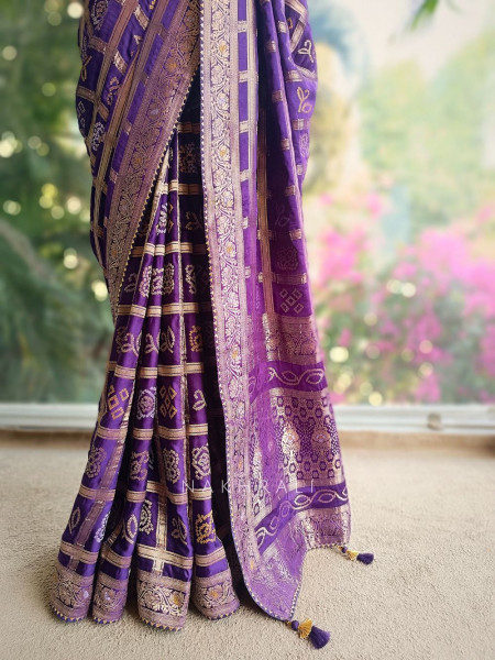 Rangriti Purple Bandhani Saree with Gota Border