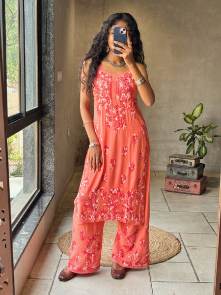 Solira Coral Peach Rayon Kurta Pant Set with Chikankari Work