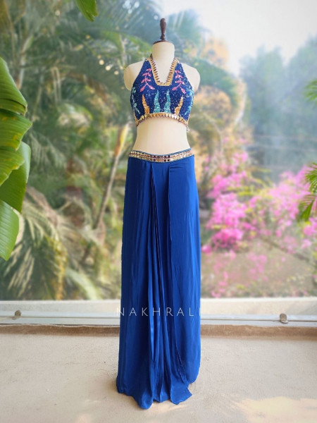 Willow Blue Halter Indo-Western Set with Cape Shrug