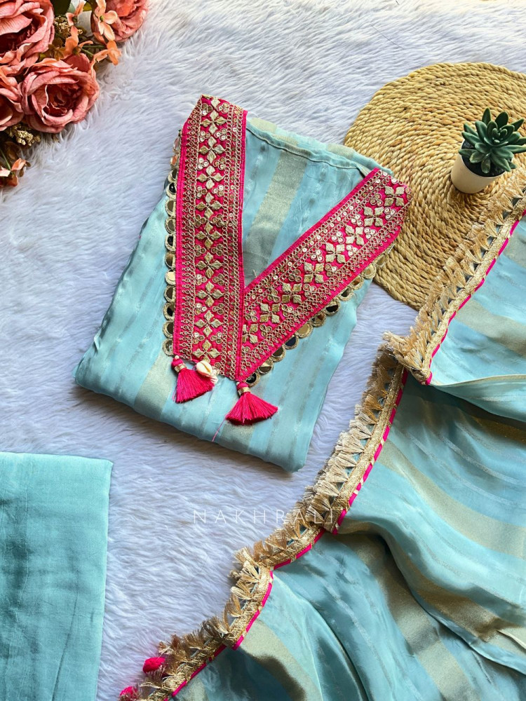 Image of Rivana Sky Blue Embroidered V-Neck Dress Material Set