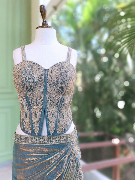 Vyra Teal Blue Drape Saree with Embroidered Corset Blouse