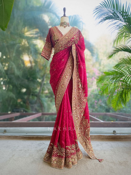 Virasat Maroon Crepe Saree with Heavy Embroidery and Readymade Blouse
