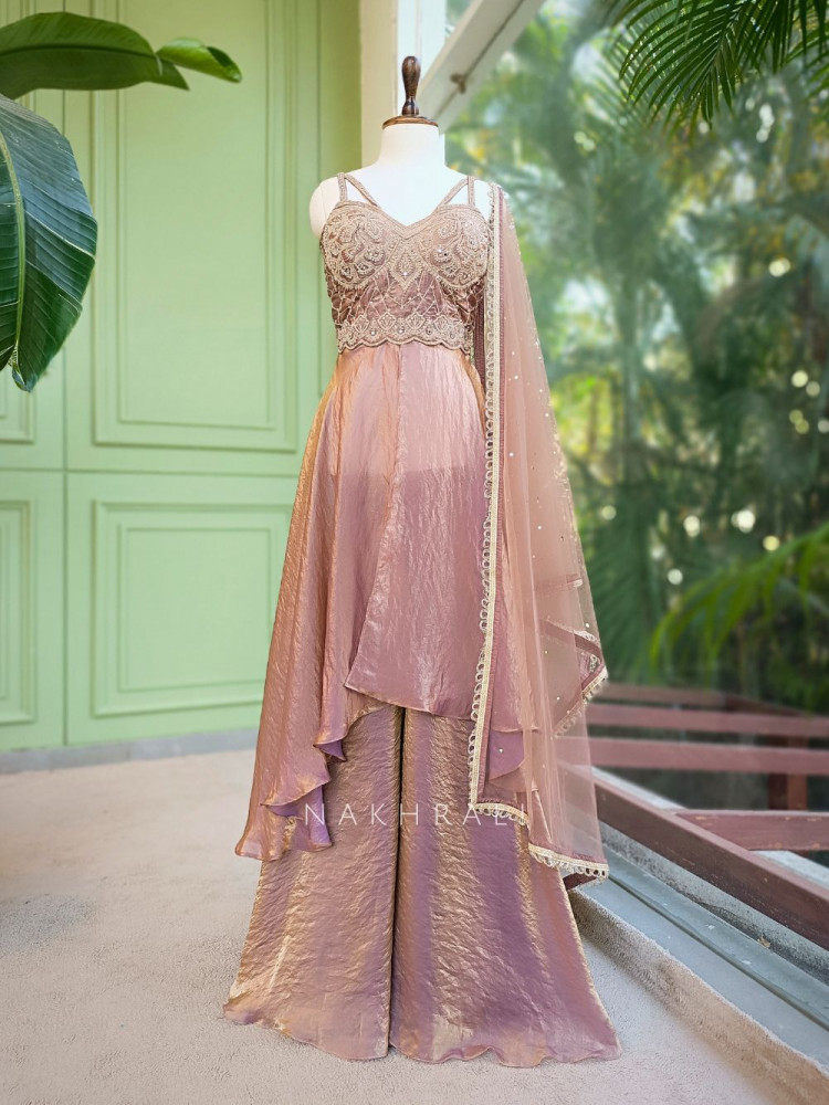 Image of Grace Purple Indo Western Palazzo Set with Mirror Embroidered Top