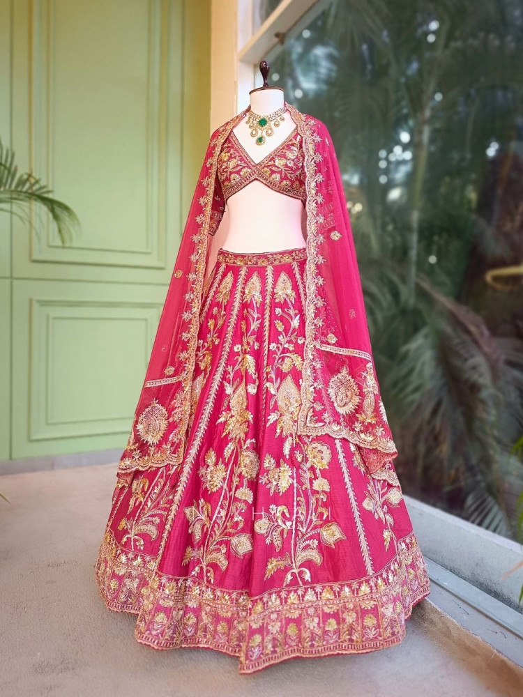 Image of Svarika Red Zari Sequin Bridal Lehenga Set